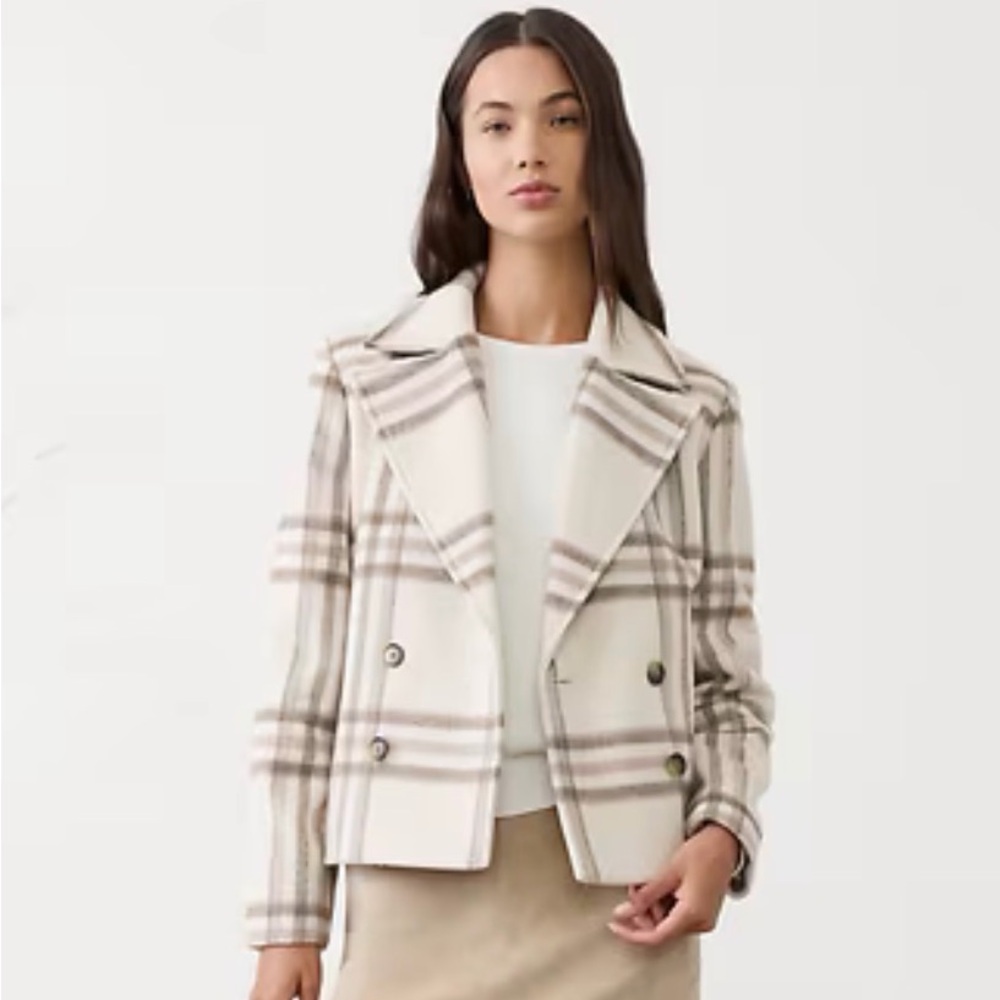 Banana Republic Cream and Tan Plaid Pea Coat size M new with tags